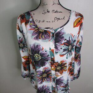 Lands' End Floral Blouse 4P 4 Petite Button Up 3/4 Sleeve